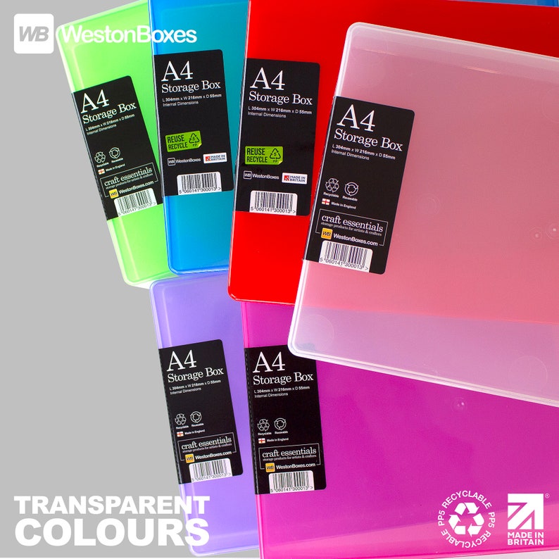 May include: Six clear plastic A4 storage boxes in different colors: green, blue, red, purple, pink, and clear. The boxes are labeled "A4 Storage Box" and have a "craft essentials" logo. The boxes are made of recyclable polypropylene and are made in Britain.