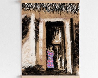 Girl at the Door | Charcoal Drawing | African | Printable Wall Art | Digital Print | Gallery Wall Art | Instant Download | Cultural Painting