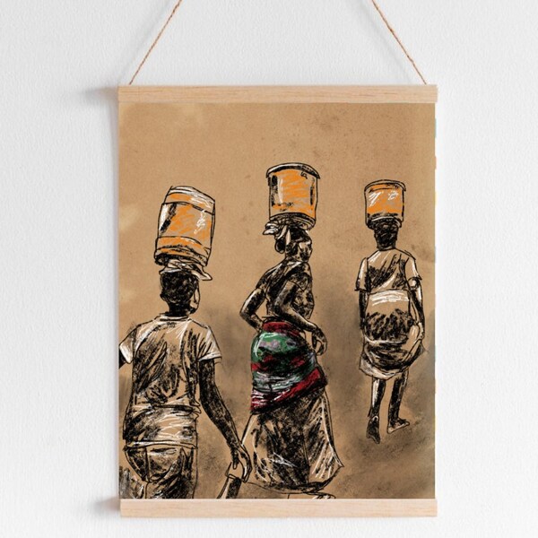 Carrying Water | Charcoal Drawing | African | Printable Wall Art | Digital Print | Gallery Wall Art | Instant Download | Cultural Painting