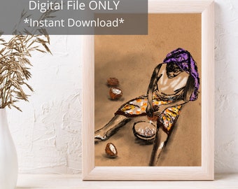 Shredding Coconut | African Charcoal Drawing | Printable Wall Art | Digital Print | Gallery | Instant Download | Cultural Painting | Food