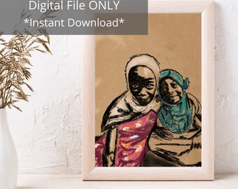 Two Little Friends | Charcoal Drawing | Africa | Printable Wall Art | Digital Print | Gallery | Instant Download | Cultural Painting | Kids