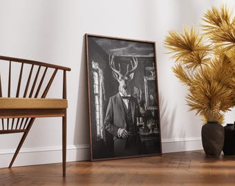 Vintage Stag with Whiskey - Rustic Bar Art, Man Cave Decor, Whisky Lover Gift