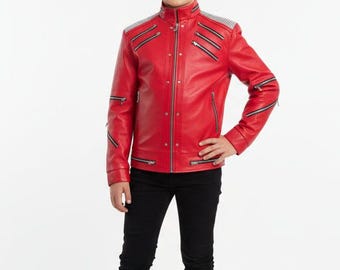 Kids MJ Beat It Real Leather Jacket — Boys Red & Black Thriller Costume, Zipper Detail, Silk Lining — Halloween, Birthday, Gift