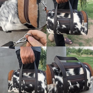 set of two cowhide leather duffel set one large duffel bag with a matching small toiletry bag , weekender bag cowhide bag