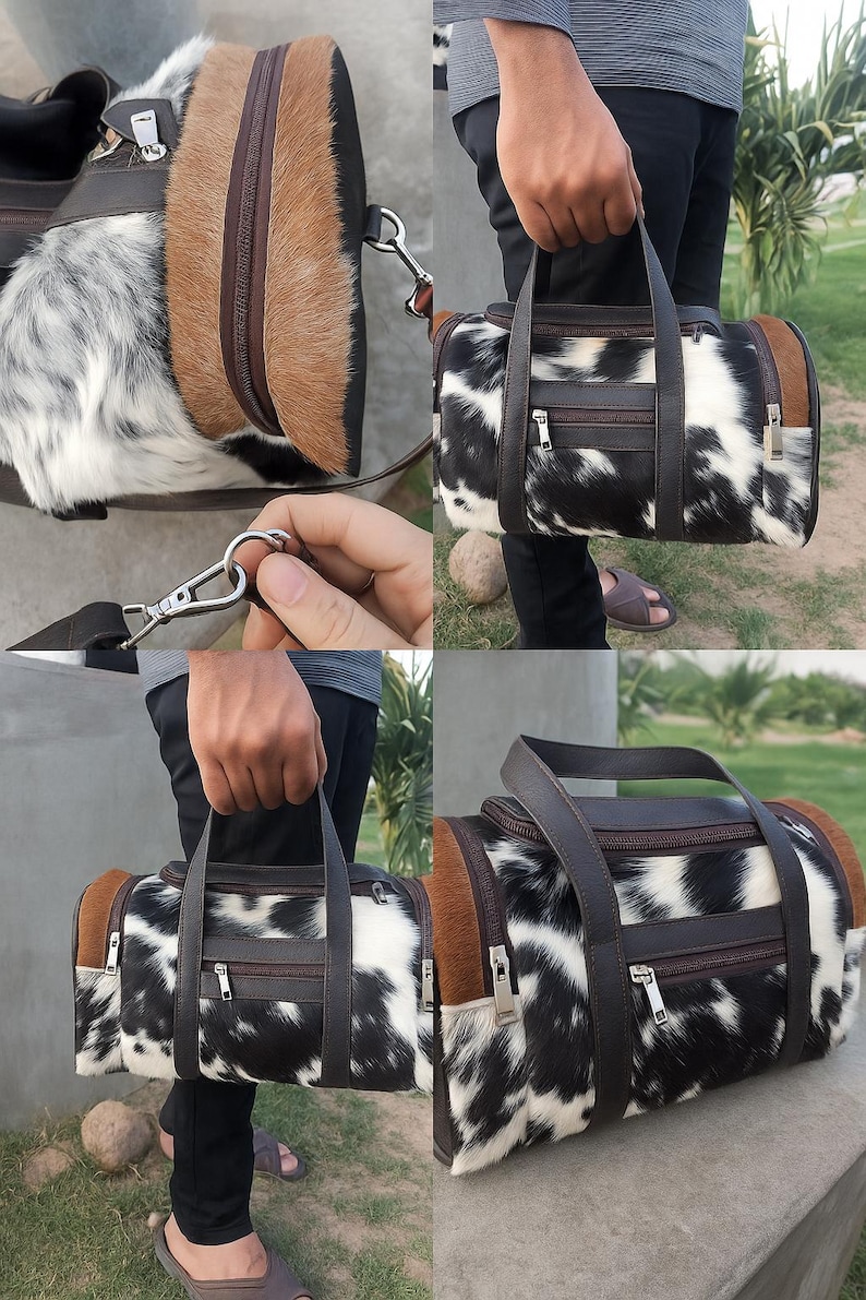 set of two cowhide leather duffel set one large duffel bag with a matching small toiletry bag , weekender bag cowhide bag
