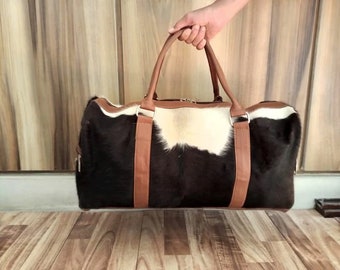 Mod Travel Bag Leather  Large Travel Bag Tricolor Duffel Natural Cowhide Gym Bag Weekender Bag Personalize Duffel Bag Large Handmade Gift