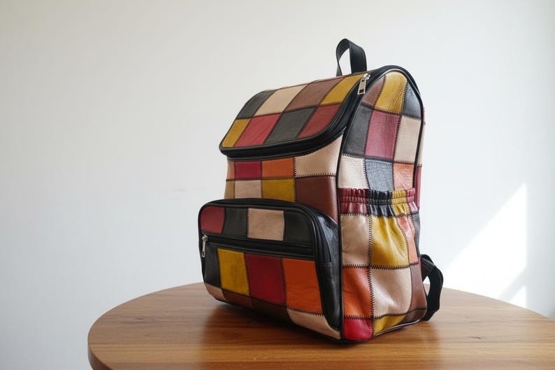 Peut inclure: Sac &agrave; dos en cuir patchwork color&eacute;, avec une poign&eacute;e sup&eacute;rieure noire, une fermeture &eacute;clair et des poches. Le sac pr&eacute;sente une vari&eacute;t&eacute; de couleurs, dont le rouge, le jaune, le marron et le beige. Le sac est pos&eacute; sur une table en bois.