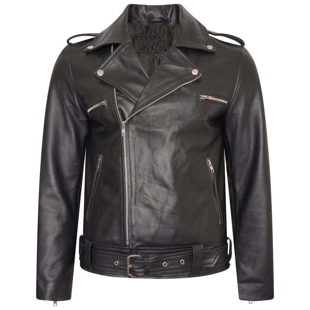 【MODERNIF】Int Biker Leather Jacket Vegan Commando Long - For Tall Men - Black and Silver Faux