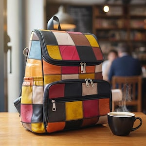 Peut inclure: Un sac &agrave; dos en cuir patchwork multicolore et une pochette assortie sur une table en bois, &agrave; c&ocirc;t&eacute; d'une tasse de caf&eacute; noire. Le sac &agrave; dos pr&eacute;sente des panneaux jaunes, rouges, noirs et bruns. La sc&egrave;ne se d&eacute;roule dans un caf&eacute;.