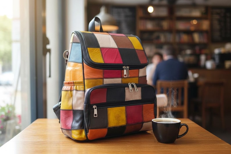 Peut inclure: Un sac &agrave; dos en cuir patchwork multicolore et une pochette assortie sur une table en bois, &agrave; c&ocirc;t&eacute; d'une tasse de caf&eacute; noire. Le sac &agrave; dos pr&eacute;sente des panneaux jaunes, rouges, noirs et bruns. La sc&egrave;ne se d&eacute;roule dans un caf&eacute;.
