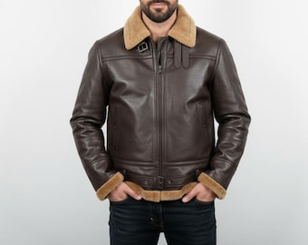 Handmade Brown Sheep Leather Aviator Jacket, Faux Shearling Lined