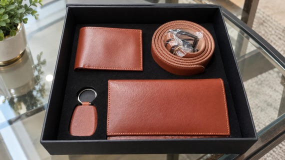 Personalized Leather Gift Set For Men  Bifold Wallet, Long Wallet, Belt & Keychain 4 pcs Groomsmen gift