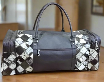 Large Duffel Cowhide Leather Duffel Bag Customize Travel Bag Patchwork Leather Weekender Bag Natural Cowhide Gym Bag and Luggage Bag