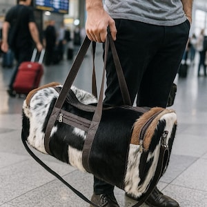 set of two cowhide leather duffel set one large duffel bag with a matching small toiletry bag , weekender bag cowhide bag