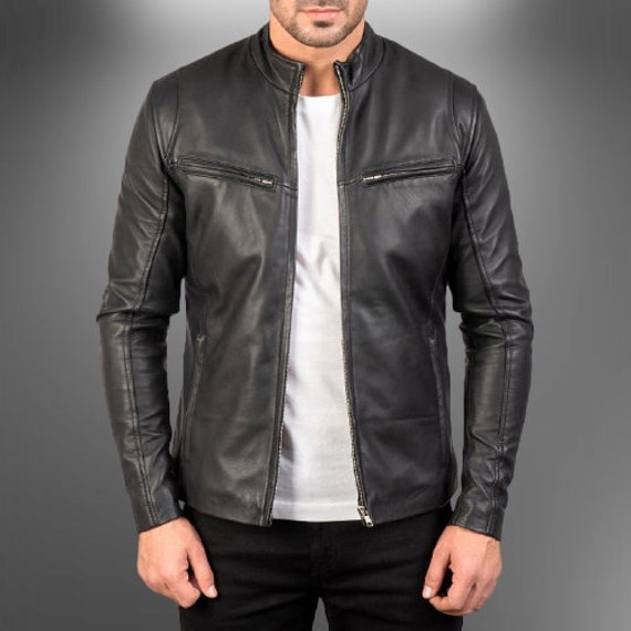 Black Leather Jacket Men Genuine Leather Jacket Motorcycle Jacket