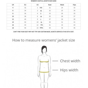 May include: A size chart for women's coats and jackets. The chart shows UK, EU, US sizes, bust, waist, and hip measurements in inches. The chart also includes a diagram showing how to measure chest and hip width.