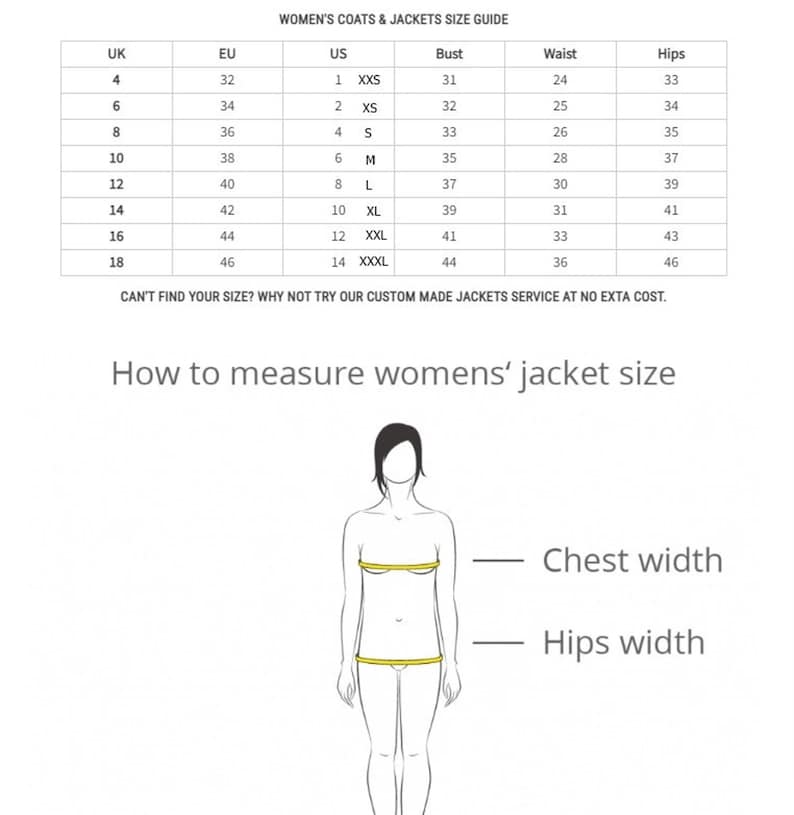 May include: A size chart for women's coats and jackets. The chart shows UK, EU, US sizes, bust, waist, and hip measurements in inches. The chart also includes a diagram showing how to measure chest and hip width.