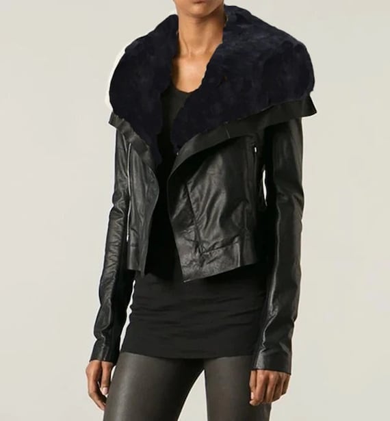 Winter Jacket For Women Black Wide Fur Collar Real Sheep Fur Genuine Leather Luxury Jacket For women Biker Jacket Valentines Gift For Women