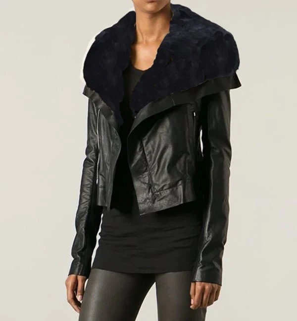Winter Jacket For Women Black Wide Fur Collar Real Sheep Fur Genuine Leather Luxury Jacket For women Biker Jacket Valentines Gift For Women