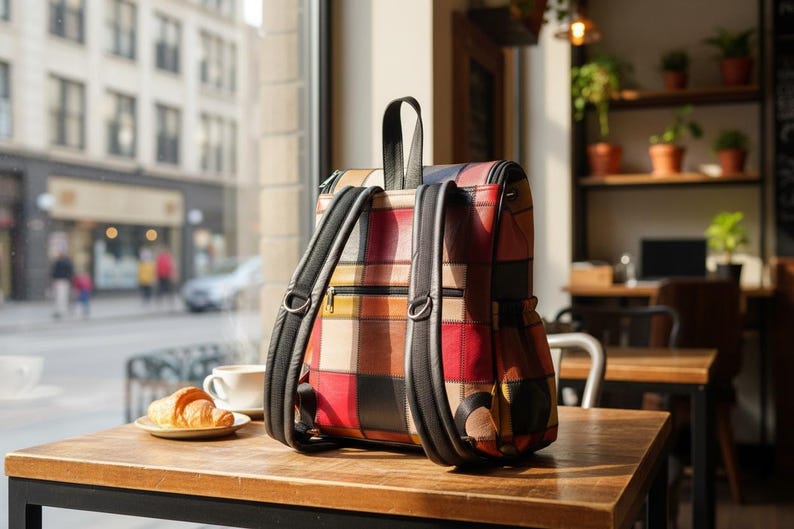 Peut inclure: Un sac &agrave; dos patchwork multicolore avec des bretelles et une poign&eacute;e noires. Le sac est pos&eacute; sur une table en bois, avec une tasse de caf&eacute; et un croissant. Le design du sac comprend des carr&eacute;s rouges, bruns et beiges.