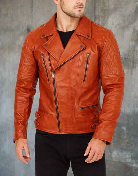 Leather Jacket Orange Jacket Mens Fashion Long Shirt Style Collar