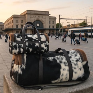 set of two cowhide leather duffel set one large duffel bag with a matching small toiletry bag , weekender bag cowhide bag