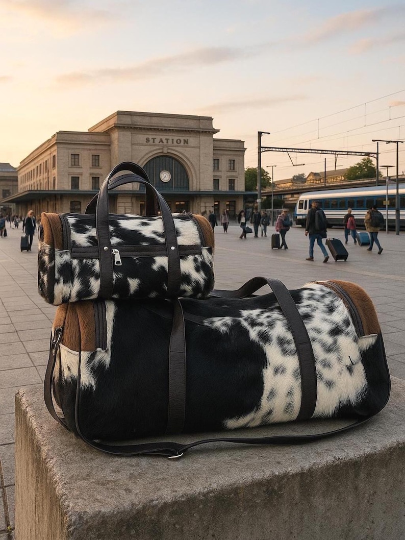 set of two cowhide leather duffel set one large duffel bag with a matching small toiletry bag , weekender bag cowhide bag