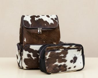 Real Cowhide Leather Backpack with Organizer Pouch | Artisan Handmade Hair on Hide Bag | Dark Brown White Spotted | Boho Western Rucksack