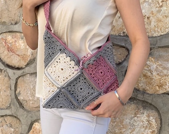 Crochet Crossbody Shoulder Bag, Granny Square Grey - White - Pink Boho Bag, Vintage Fashion