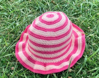 Baby Pink Crochet Bucket Hat, Handmade Boho style festival hippi bucket hat gift for her retro bucket hat