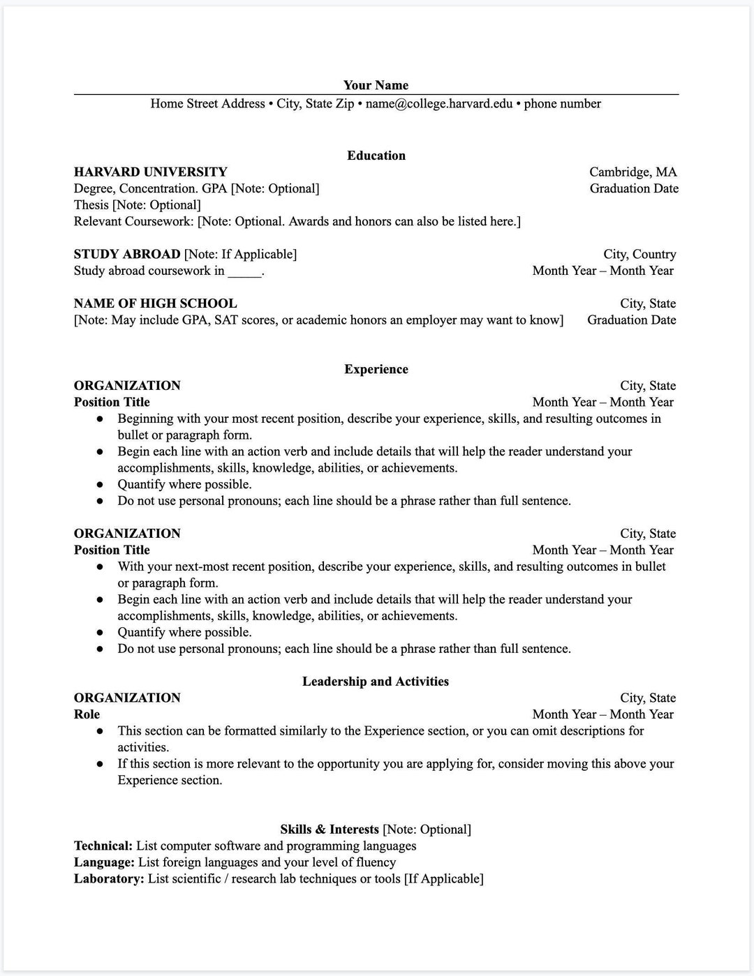 Harvard resume template etsy ireland