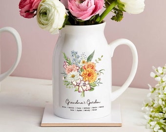 Vase de jardin personnalisé pour grand-mère, cadeau grand-mère, cadeau fête des mères, nom de petit-enfant personnalisé, vase cadeau fleurs pour le mois d'anniversaire, cadeaux fleurs sauvages