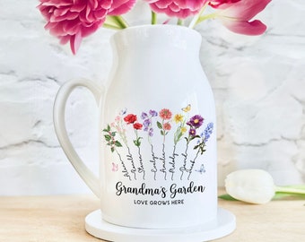 Custom Grandmas Garden Vase, Mothers Day Gift For Grandma, Mom Flower Vase, Grandma Vase, Birth Month Flower Gift, Grandkids Names Gift