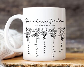 Grandmas Garden Mug, Personalized Birth Flowers, Grandmas Flower Vase, Mothers Day Gift, Mothers Day Mug, Gift From Grandkids, Nana Mimi Mug