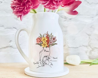 Mothers Day Gifts From Daughter, Personalized Mom Flower Vase, Custom Holding Mom And Kid Hands, Gift For Mom, Birth Flower Vase Decor