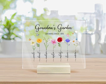 Customized Mothers Day Gifts For Grandma, Mom Wildflower Gifts, Grandma's Garden Acrylic Plaque, Gifts For Mom, Birth Flower Night Light