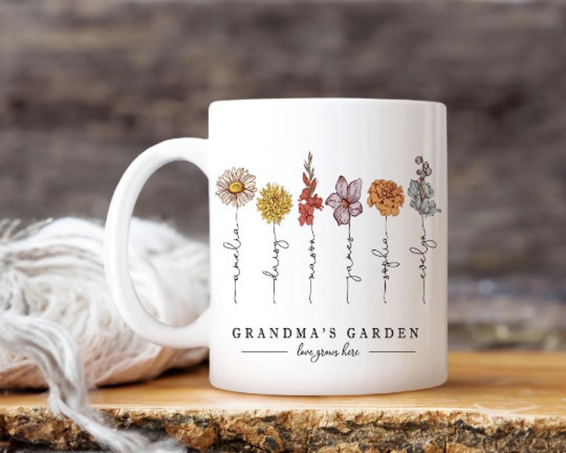 Mothers Day Gift, Grandmas Garden Flower Vase, Grandma Wildflower Gifts, Nanas Garden, Nana Flower Vase, Custom Grandkid Name Flower Vase White Mug 11oz