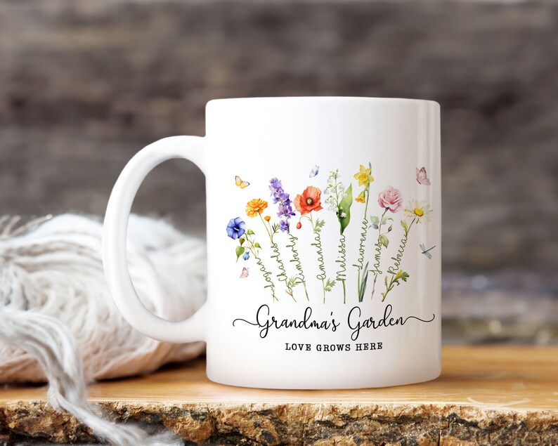 Custom Grandma's Garden Flower Vase, Custom Grandkid Name Flower Vase, Mother's Day Gift, Grandma Gift, Grandma Flower Vase, Wildflower Gift White Mug 11oz
