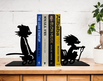 Calvin and hobbes bookends, metal bookends, decorative bookends, nursery bookends, calvin and hobbes exploring bookends, bookends for shelf