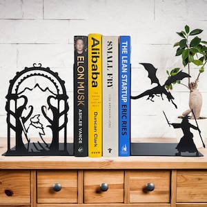 Decorative Bookends for Shelf, Metal Bookends, Book Stopper for Shelf, Dragon Bookends, Wizard Bookends, Fantasy Bookends, Rings Decor