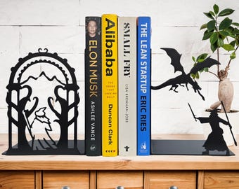 Decorative Bookends for Shelf, Metal Bookends, Book Stopper for Shelf, Dragon Bookends, Wizard Bookends, Fantasy Bookends, Rings Decor