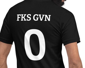 May include: Black t-shirt with white text that reads "FKS GVN" and the number "0" on the back.