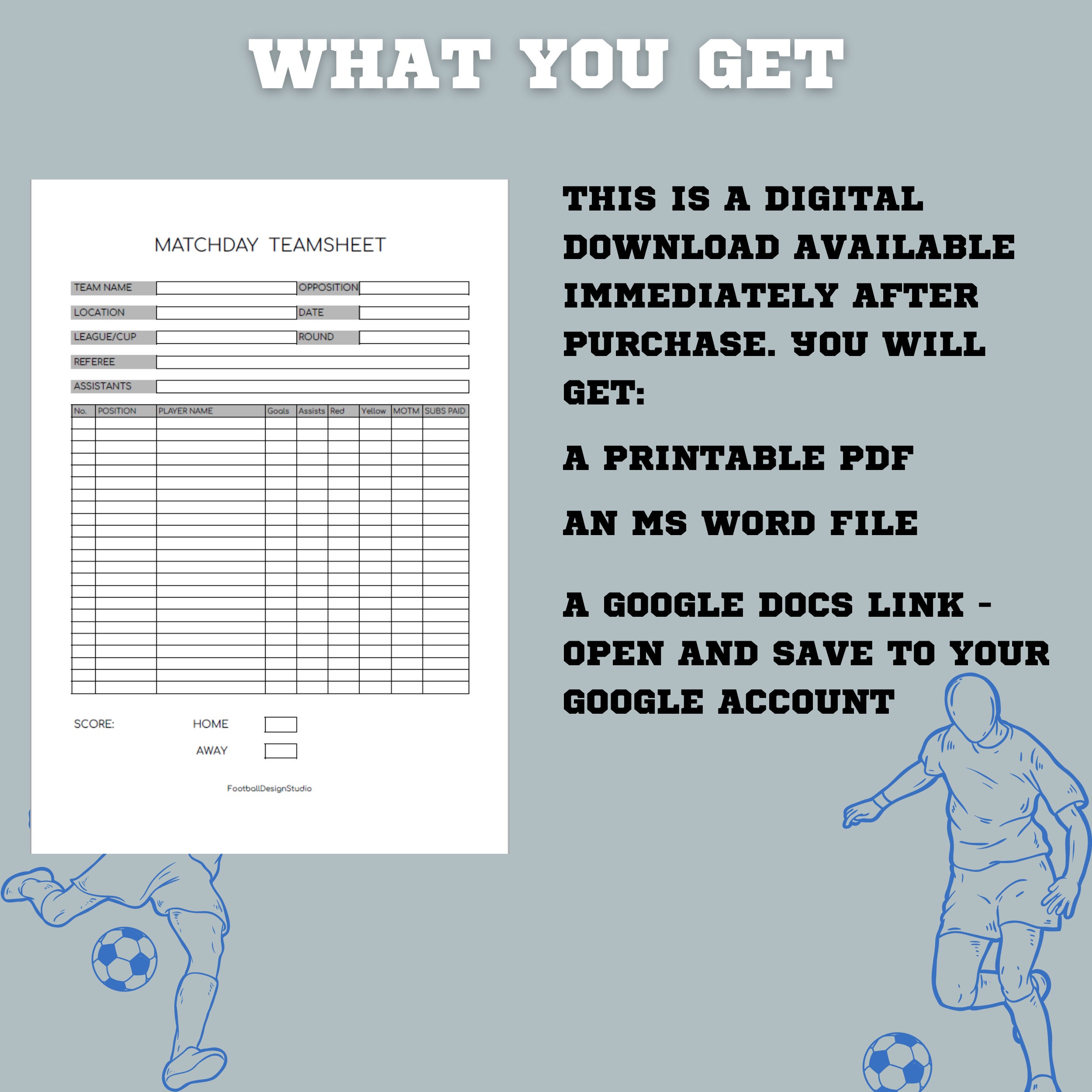 Football Match Teamsheet | Team Roster | Digital Download | Printable ...