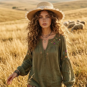 May include: A long-sleeved olive green tunic featuring a V-neckline with intricate floral embroidery in shades of pink, orange, and yellow. The garment is paired with a straw hat adorned with a white lace band and a layered beaded necklace.