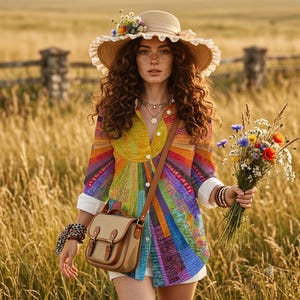 May include: A long-sleeved button-down shirt featuring a vibrant, multi-coloured sunburst pattern in shades of yellow, orange, purple, and blue. The shirt is paired with a tan crossbody bag, a wide-brimmed straw hat with floral accents, and a bouquet of wildflowers.