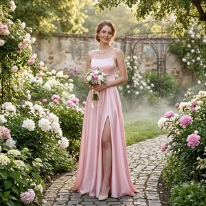 Puede incluir: Un vestido largo de satén rosa claro con tirantes finos, escote cuadrado y una abertura lateral alta. El vestido se combina con un pequeño ramo de flores blancas y rosas y un collar fino y sencillo.