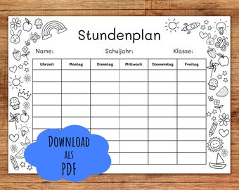 Timetable download, school enrollment gift, to print out, to color, doodle, school child 2022