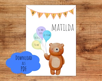 Birth poster personalized, download, to print, birth gift, birth board, poster for children's room forest animals