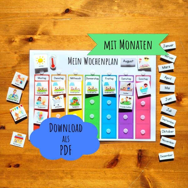 Wochenplan für Kinder MIT MONAT, Download, zum Ausdrucken, für Kindergartenkind