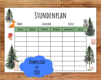 Timetable download, school enrollment gift, to print out, school child 2022, forest animals